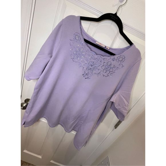 Quacker Factory purple short sleeve embroidered beaded blouse 2X - Picture 1 of 7